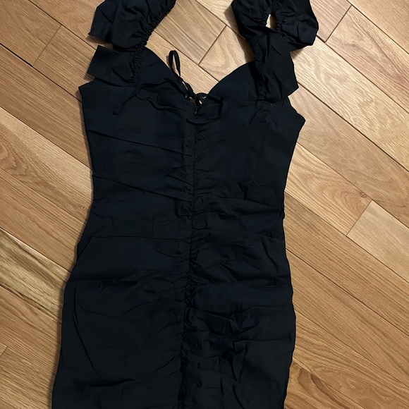 Black cotton lace up corset dress, flutter sleeve - Picture 3 of 5